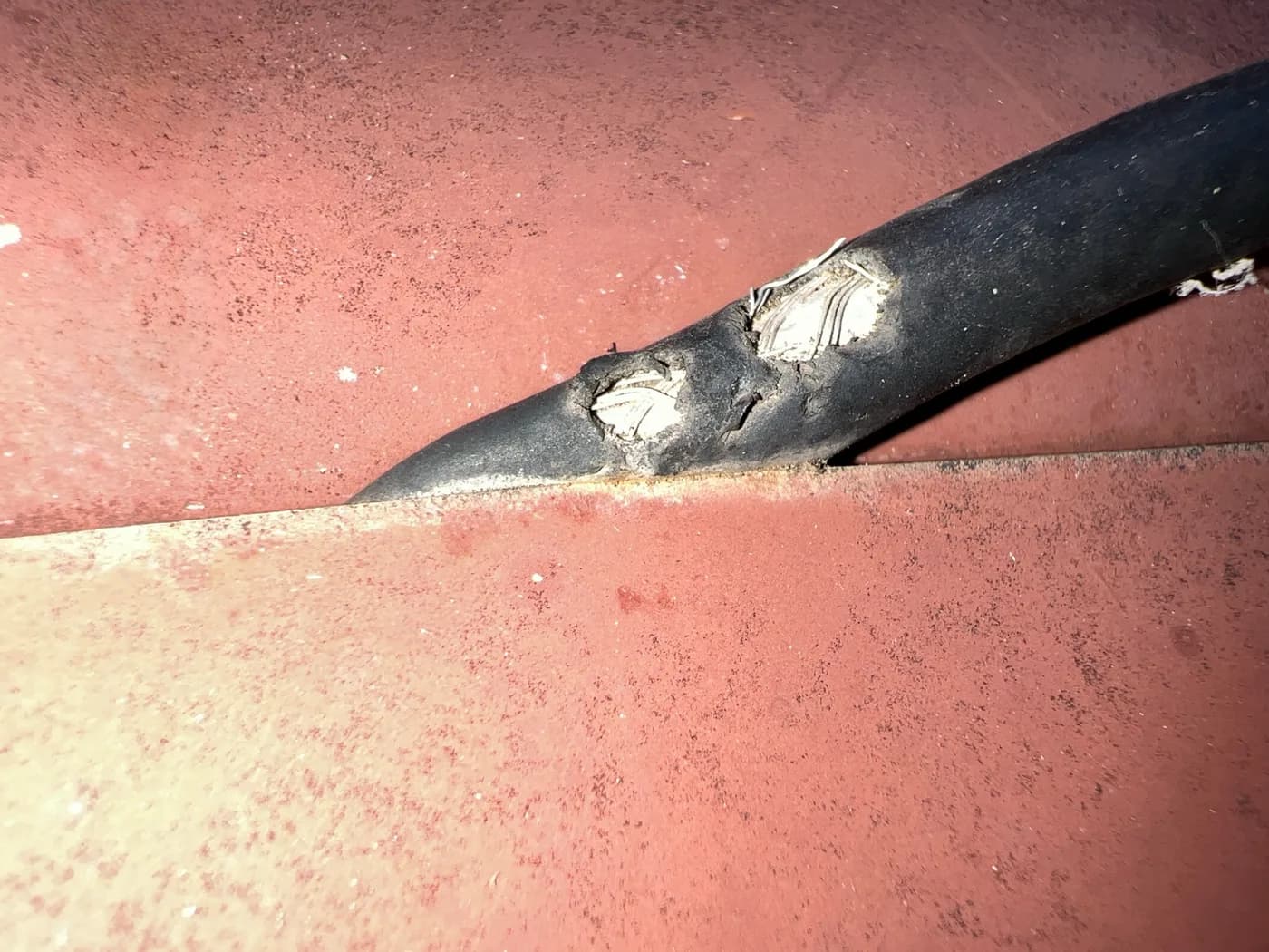 Damaged and perished TV antenna cable found during a repair