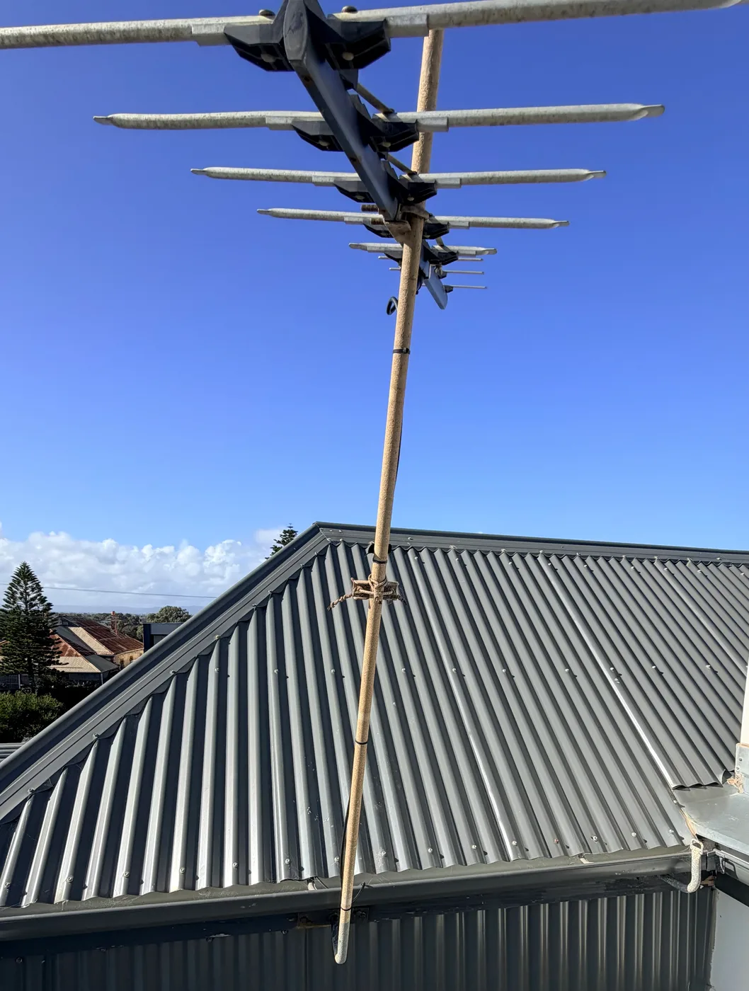 Old TV antenna corroded by Glenelg sea air, replaced with new equipment