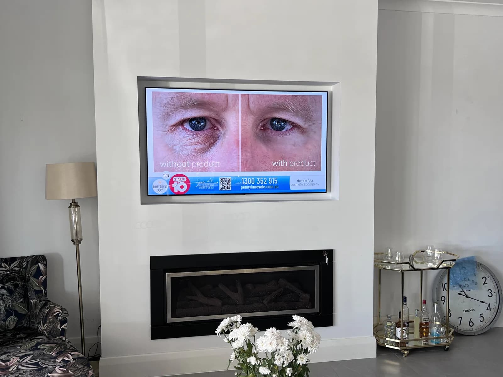 TV wall mounted with cables run inside the wall, no wires showing